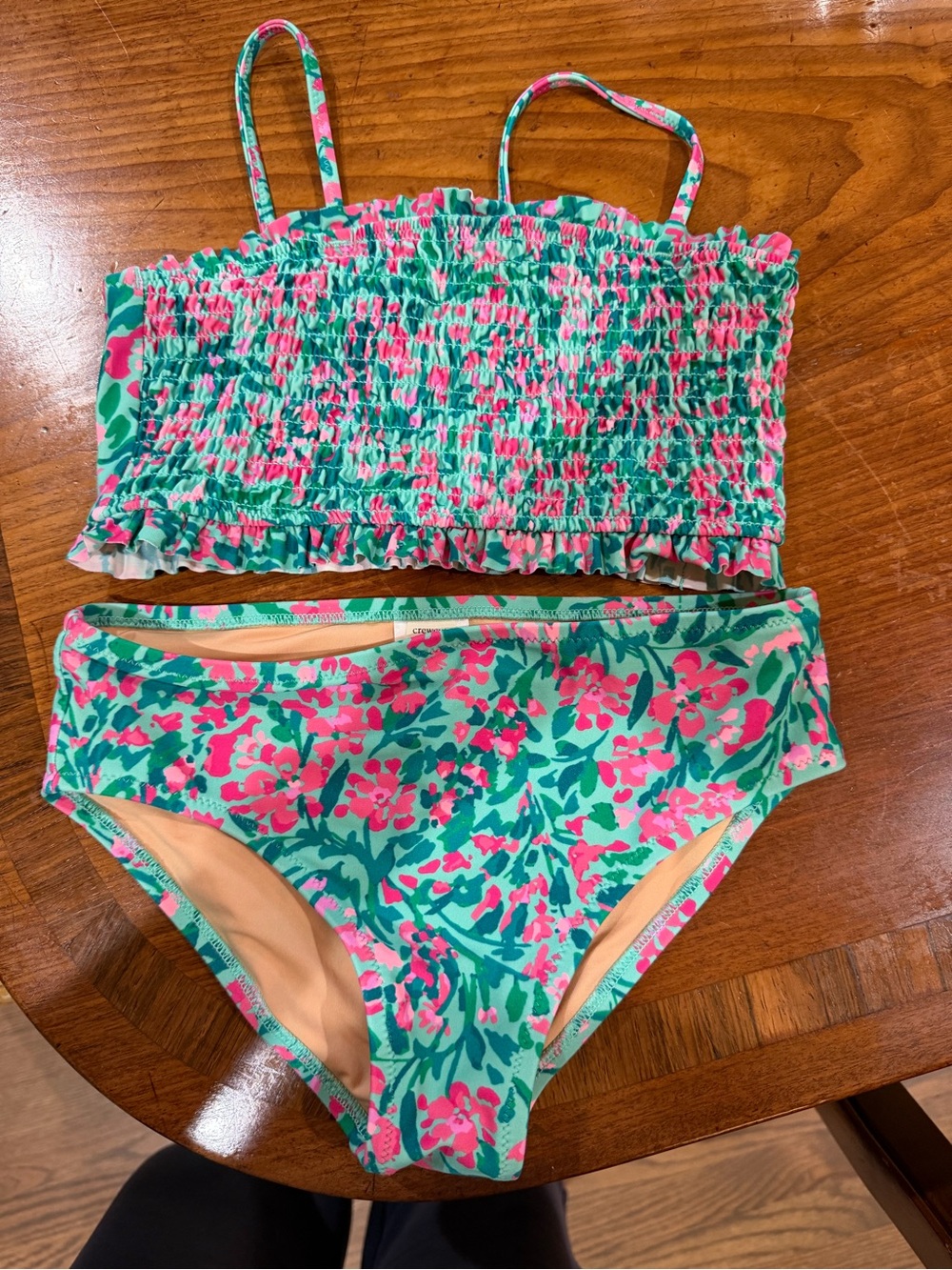 Crewcuts Girls Floral Smocked Bikini Top and High-Rise Bottoms in Teal and Pink